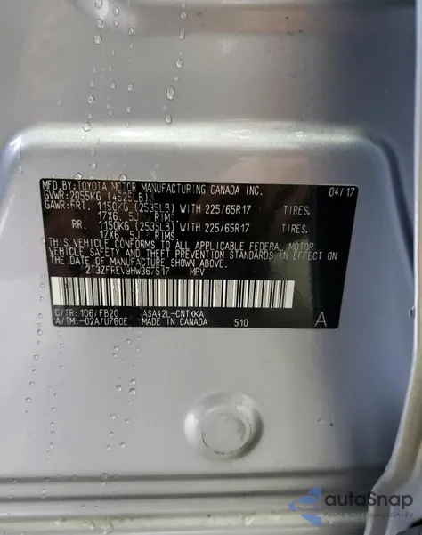 2017 Toyota Rav4 Le из США, поврежденный, VIN 2T3ZFREV9HW367517